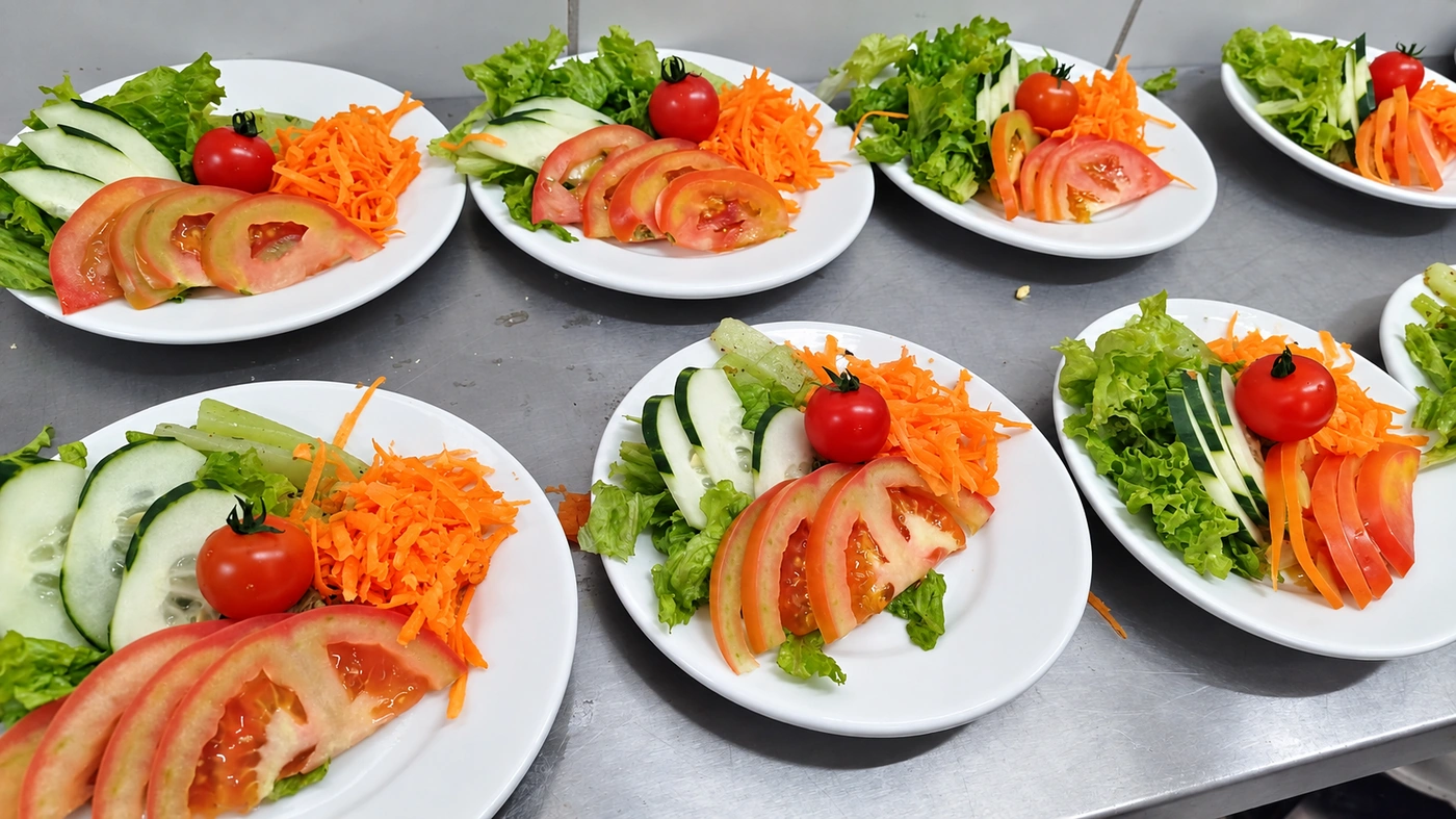 Pratos de salada preparados pela casa