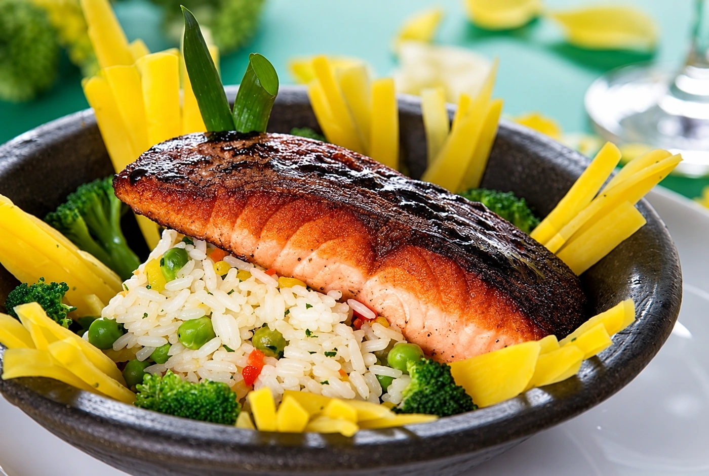 Peixe com arroz e legumes